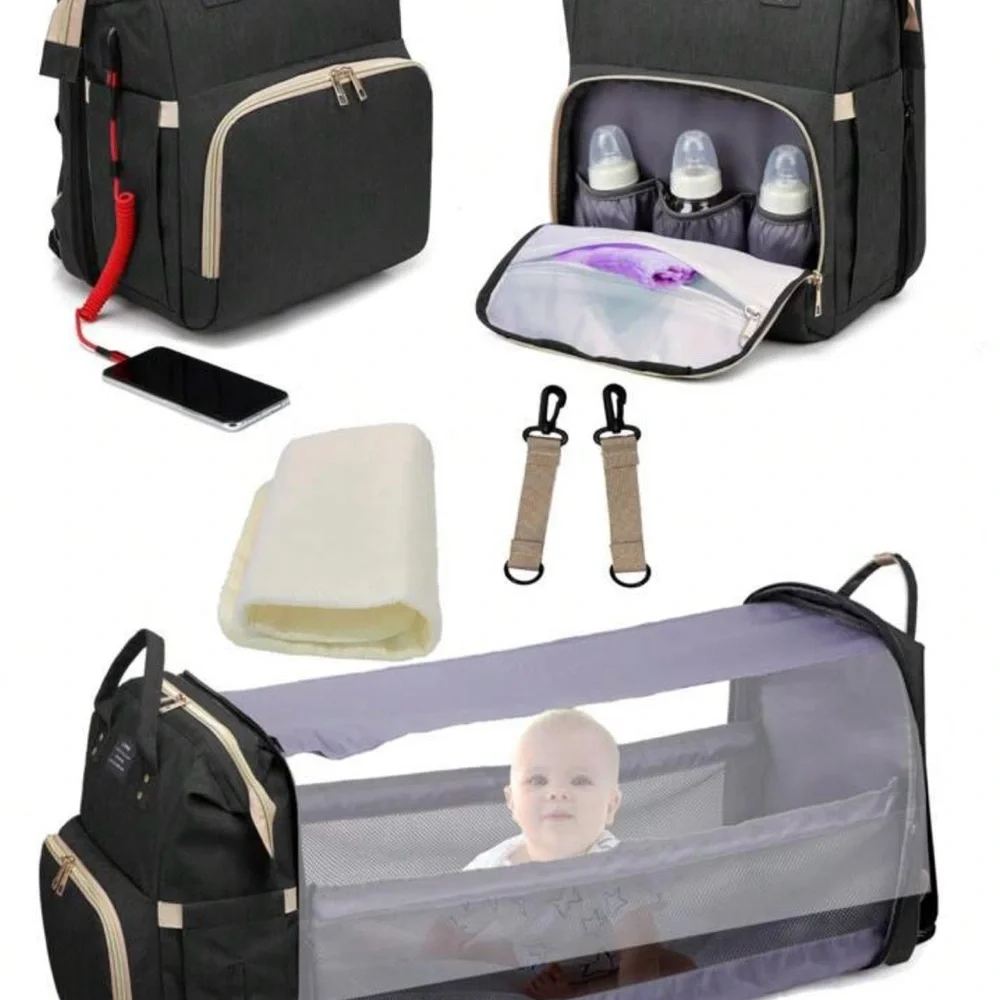 GPED Black Diaper Bag Backpackw/ USB Port & Changing Pad - Brand New